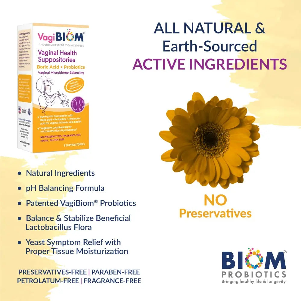 VagiBiom Boric Acid Suppositories with Lactobacillus: Microbiome Flora Balance; Balance and Nourishes VagiBiom Au supplements