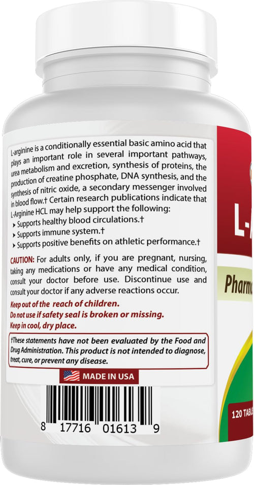 (New Improved Formula) Best Naturals L-Arginine 1000 mg 120 Tablets - Pharmaceutical Grade L Arginine Supplement