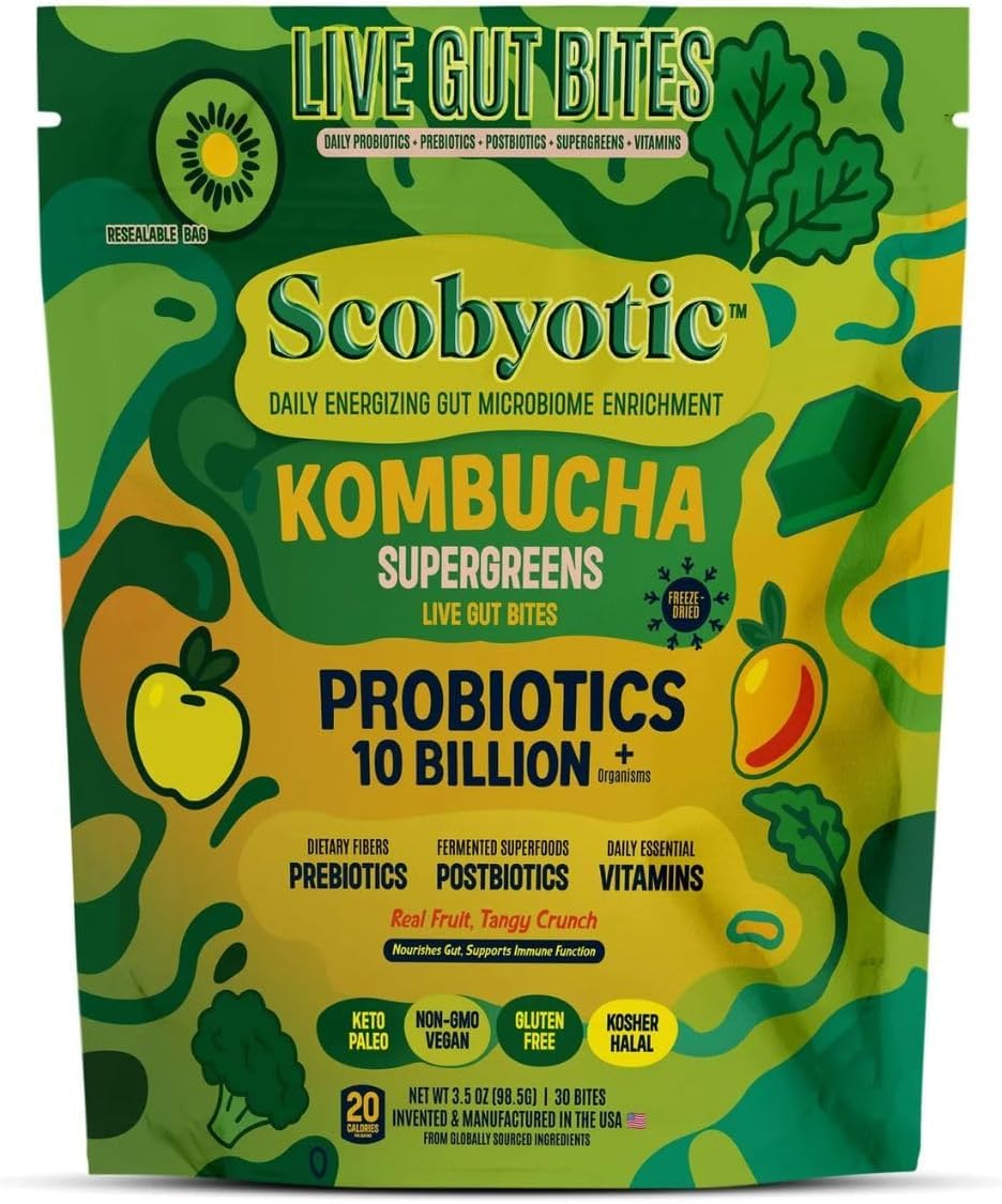 Scobyotic® Kombucha Supergreens Live Gut Bites – 10 Billion CFU Probiotics + Prebiotics & Postbiotics – Kombucha & Supergreens – Freeze-Dried Probiotic Supplement Scobyotic Au supplements
