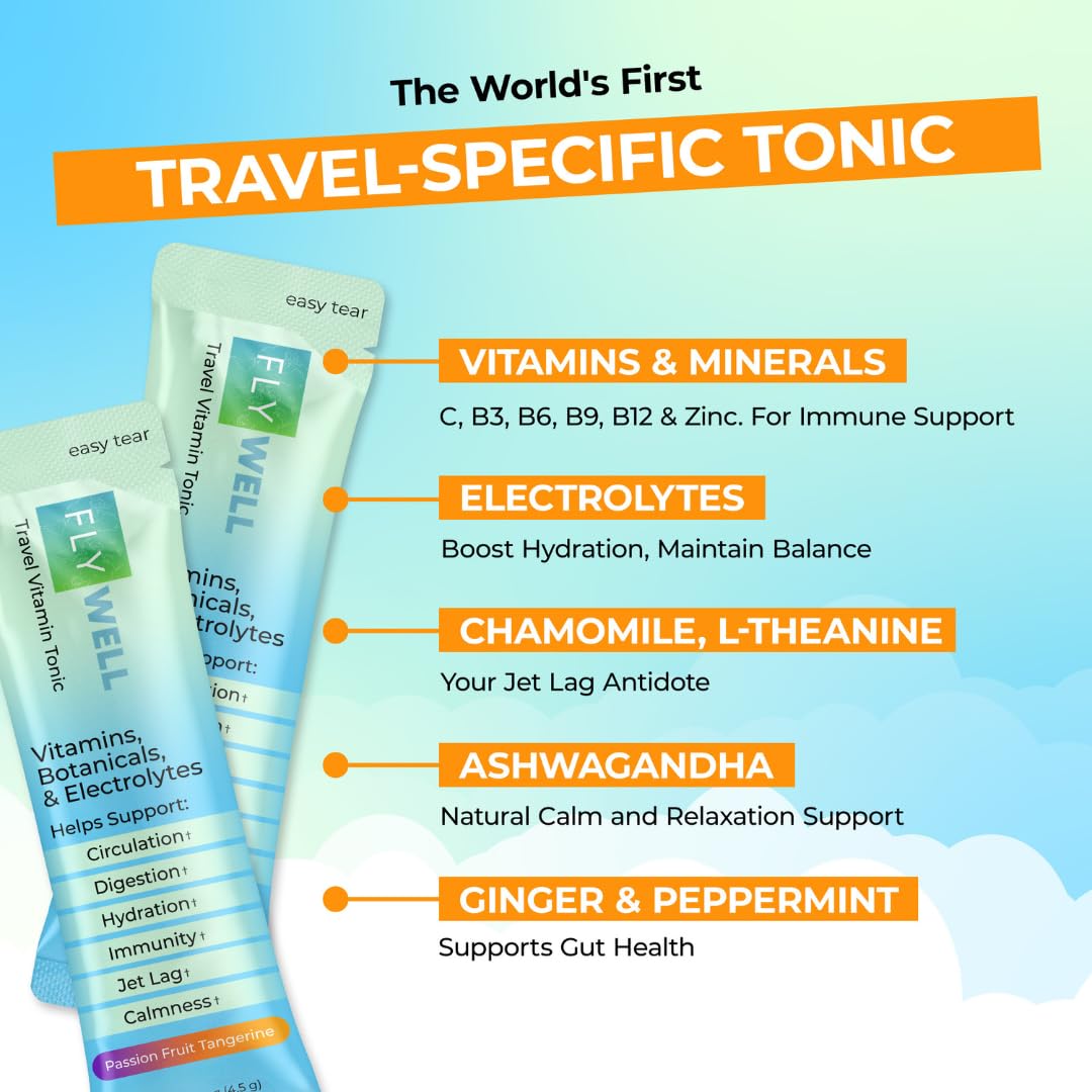 FlyWell Travel Vitamin Tonic for Flight, Jet Lag, Hydration, Circulation, Digestion & Immune Support, Promotes Calmness, Electrolyte Powder, Travel Essentials,