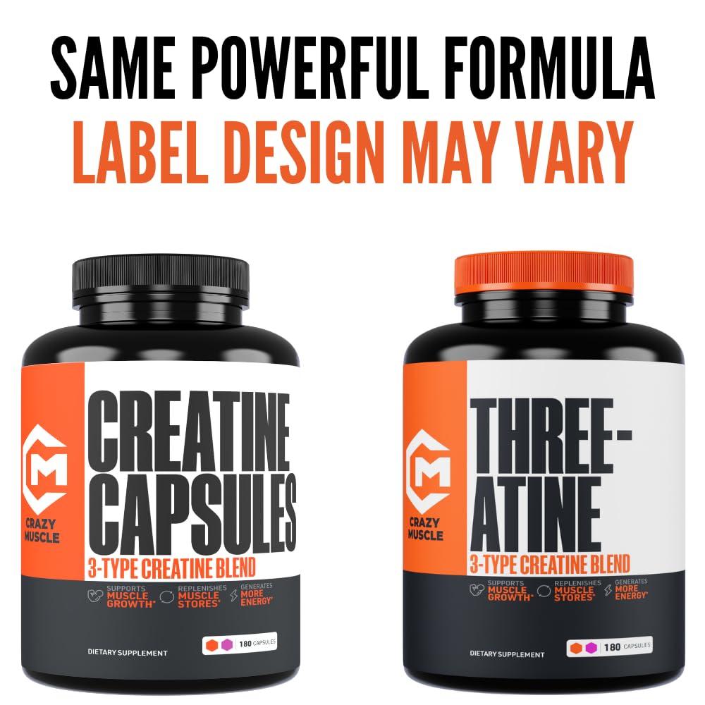 Creatine Capsules, 5g Premium 3X ThreeAtine Pre Workout Bulk Muscle Mass Gainer, High Absorption Easy to Take Creatine Monohydrate Pills Alternative Optimum Performance for Men Women, 180 Capsules Crazy Muscle Au supplements