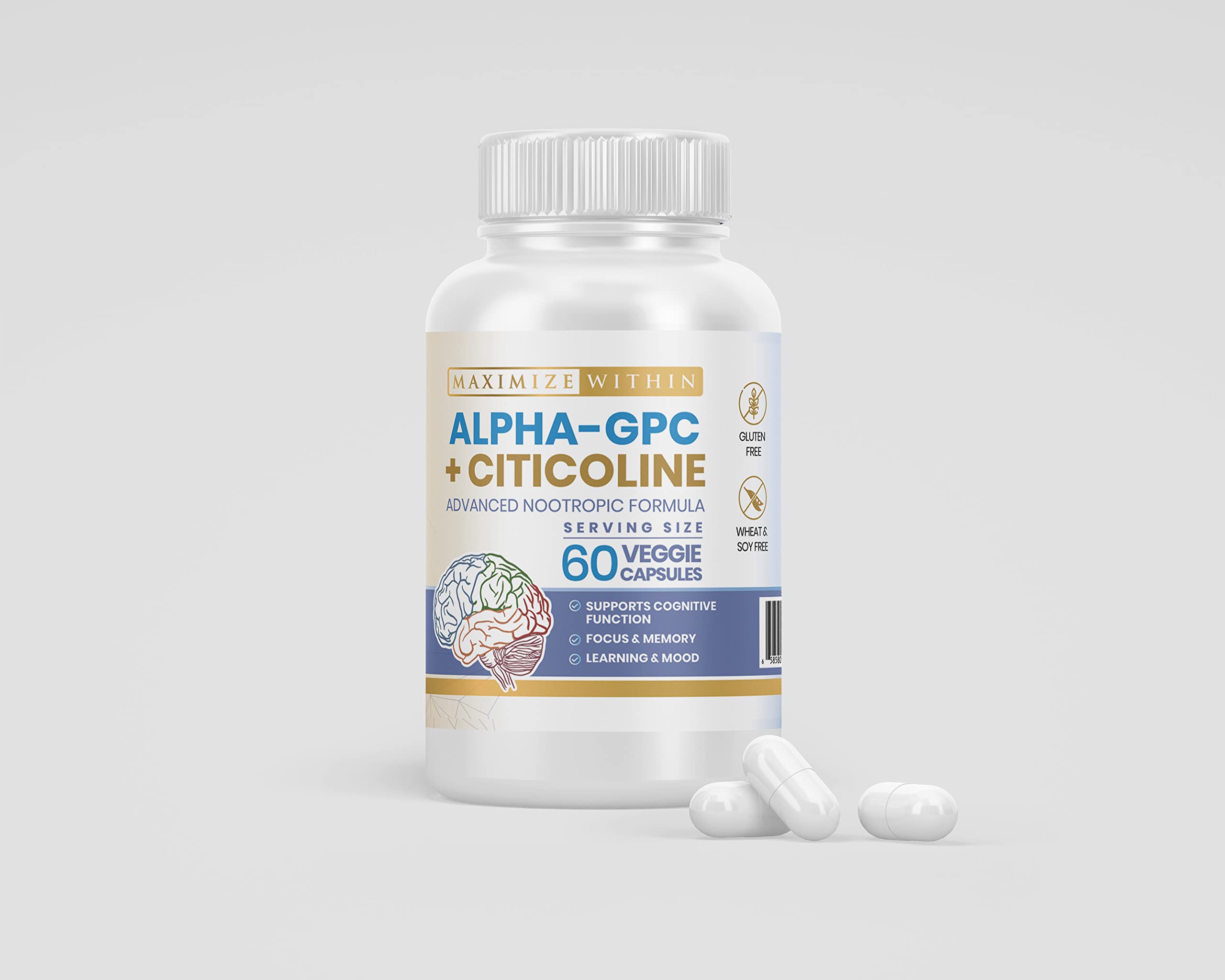 Maximize Within Alpha GPC + Citicoline 60 Ct, 1600mg Concentrated Formula- 99%+Highly Purified & Bioavailable Nootropic-Cognitive Enhancer, Supports Memory, Brain Function, Boosts Focus, Mood & Energy Maximize Within Au supplements
