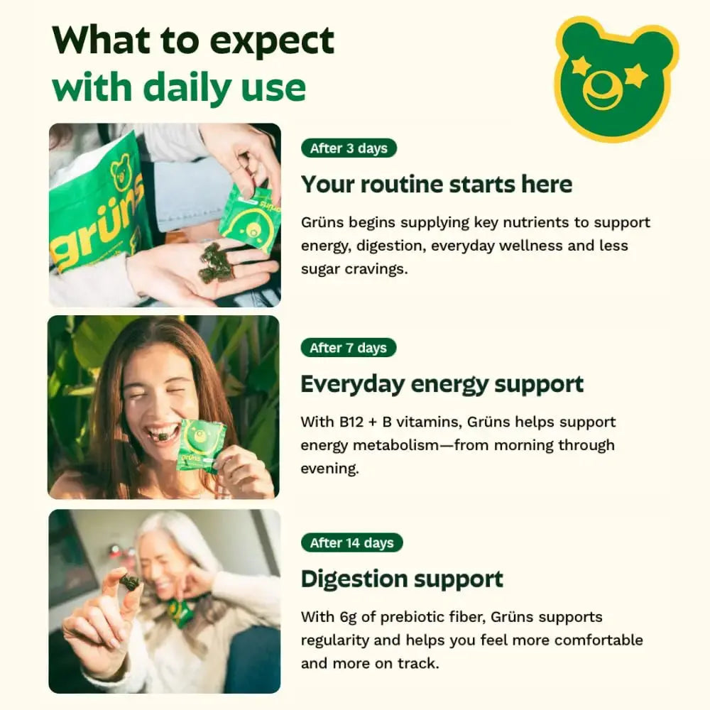 Gruns Adults Super Greens Multivitamin Gummies, Superfood Vitamin Gummy Bears with Spirulina, Chlorella, Prebiotic Fiber for Digestive Health Grüns Au supplements
