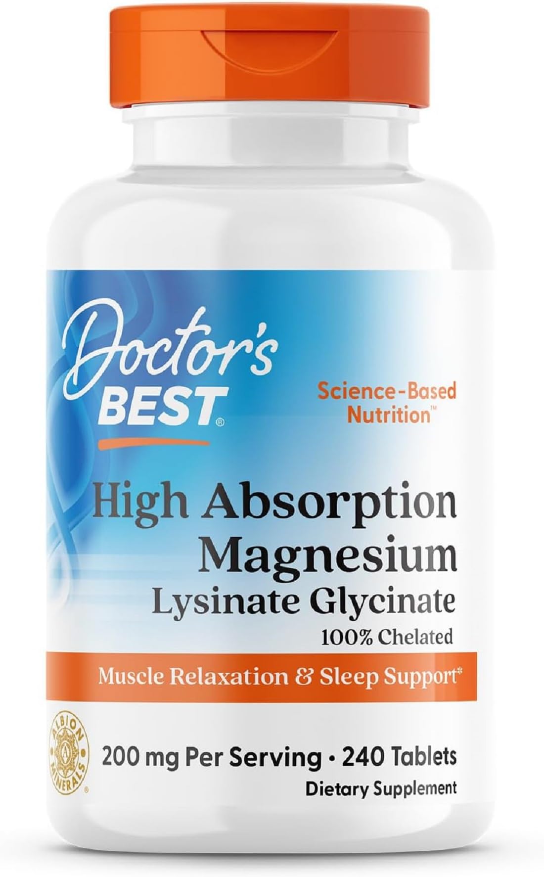 Doctor's Best High Absorption Magnesium Glycinate Lysinate Supplement for Sleep Support - Chelated Magnesium Tablets for Women & Men, 200mg per Serving