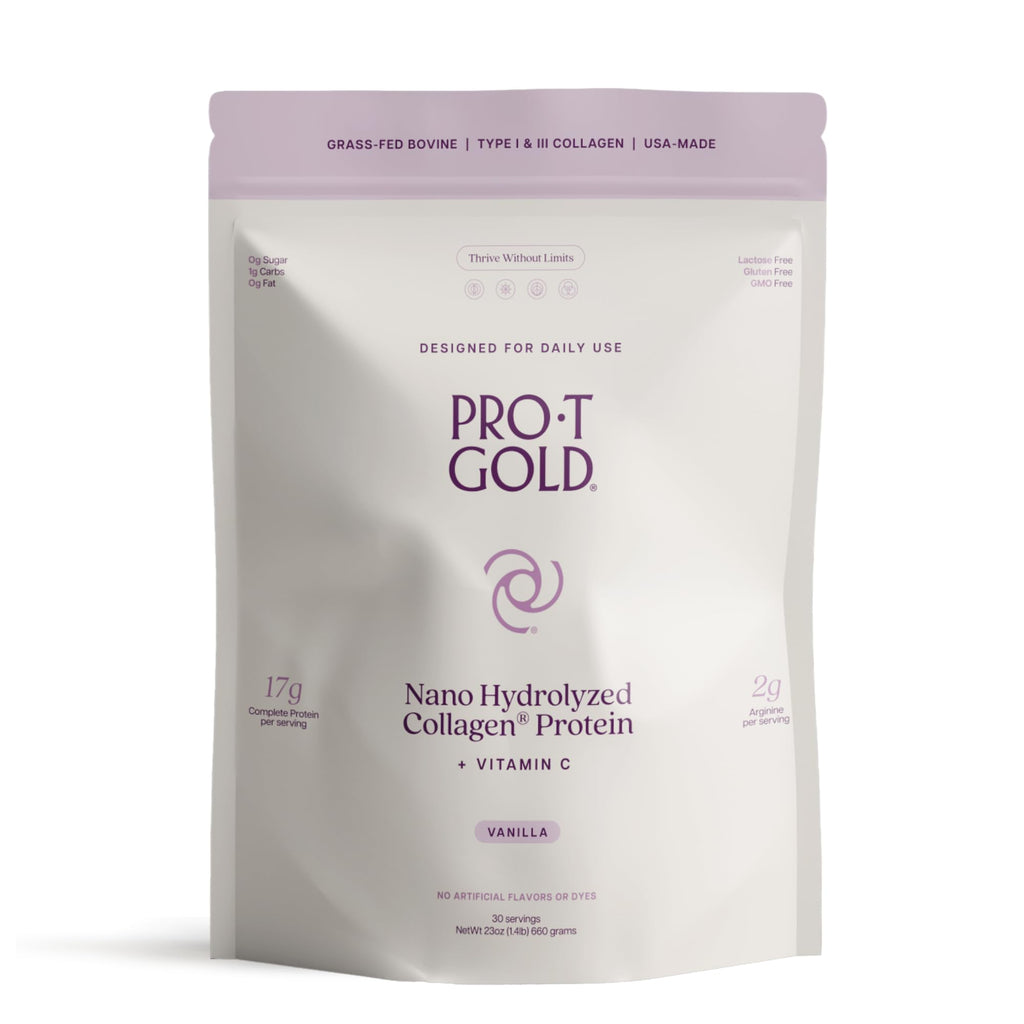 ProT Gold Collagen Protein Powder, 17g Protein Nano-Hydrolyzed Grass Fed Collagen, Vitamin C, 2g Arginine for Wound Support, Gluten Free, All Natural, Fat and Sugar Free, 0g Carbs, Vanilla, 23 oz, 30 ProT Gold Au supplements