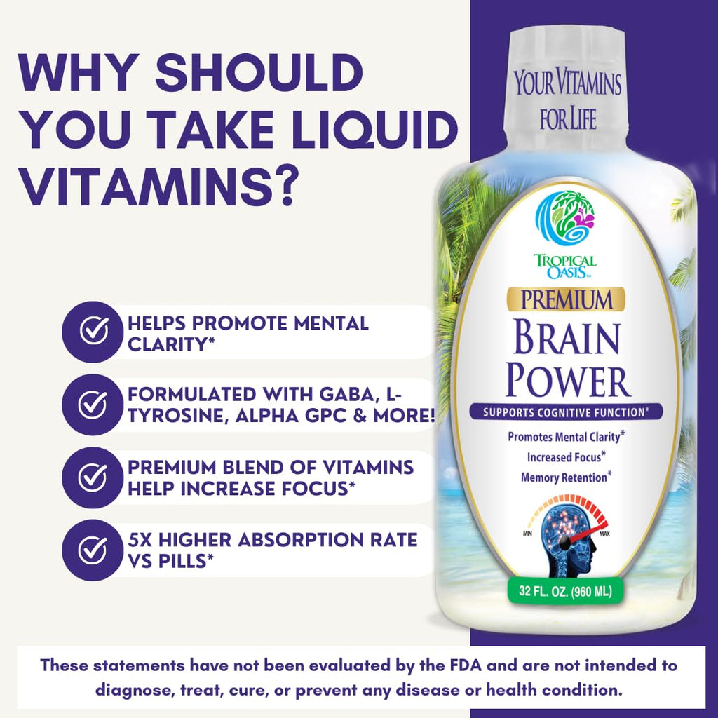 Tropical Oasis - Brain Power | Liquid Nootropic Supplement - Promotes Mental Clarity, Focus, and Memory Retention (Unflavored, 32 Servings) Tropical Oasis Au supplements
