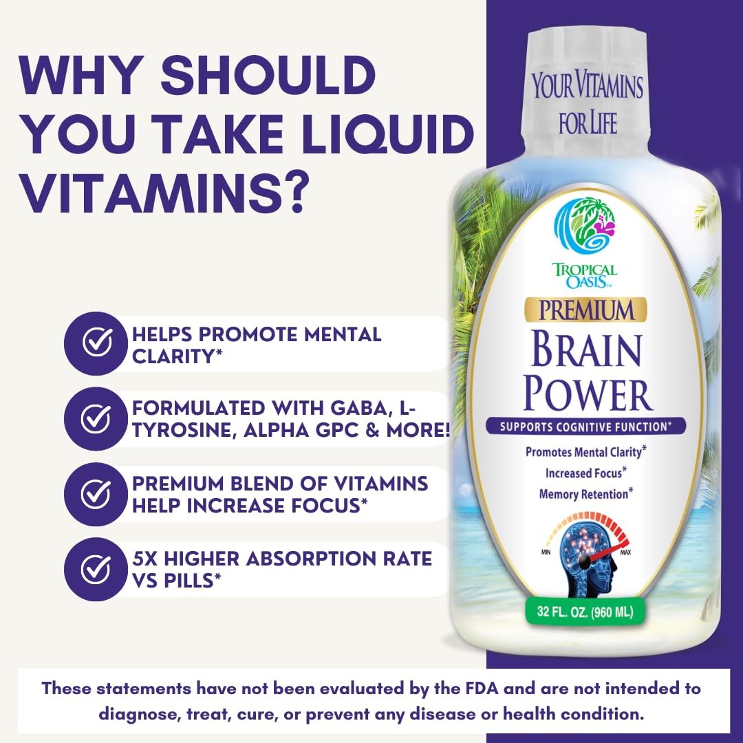 Tropical Oasis - Brain Power | Liquid Nootropic Supplement - Promotes Mental Clarity, Focus, and Memory Retention (Unflavored, 32 Servings) Tropical Oasis Au supplements