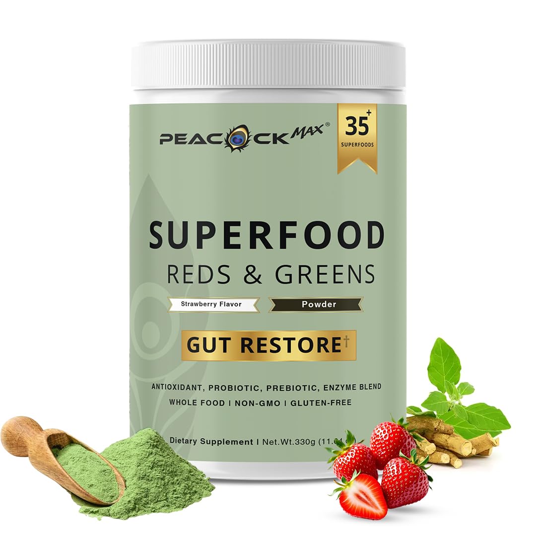 Superfood Reds & Greens Powder - 11.64 oz, Prebiotics & Probiotics for Digestive Health, Super Greens Powder with Ashwagandha for Gut Health, Immunity, Antioxidants,