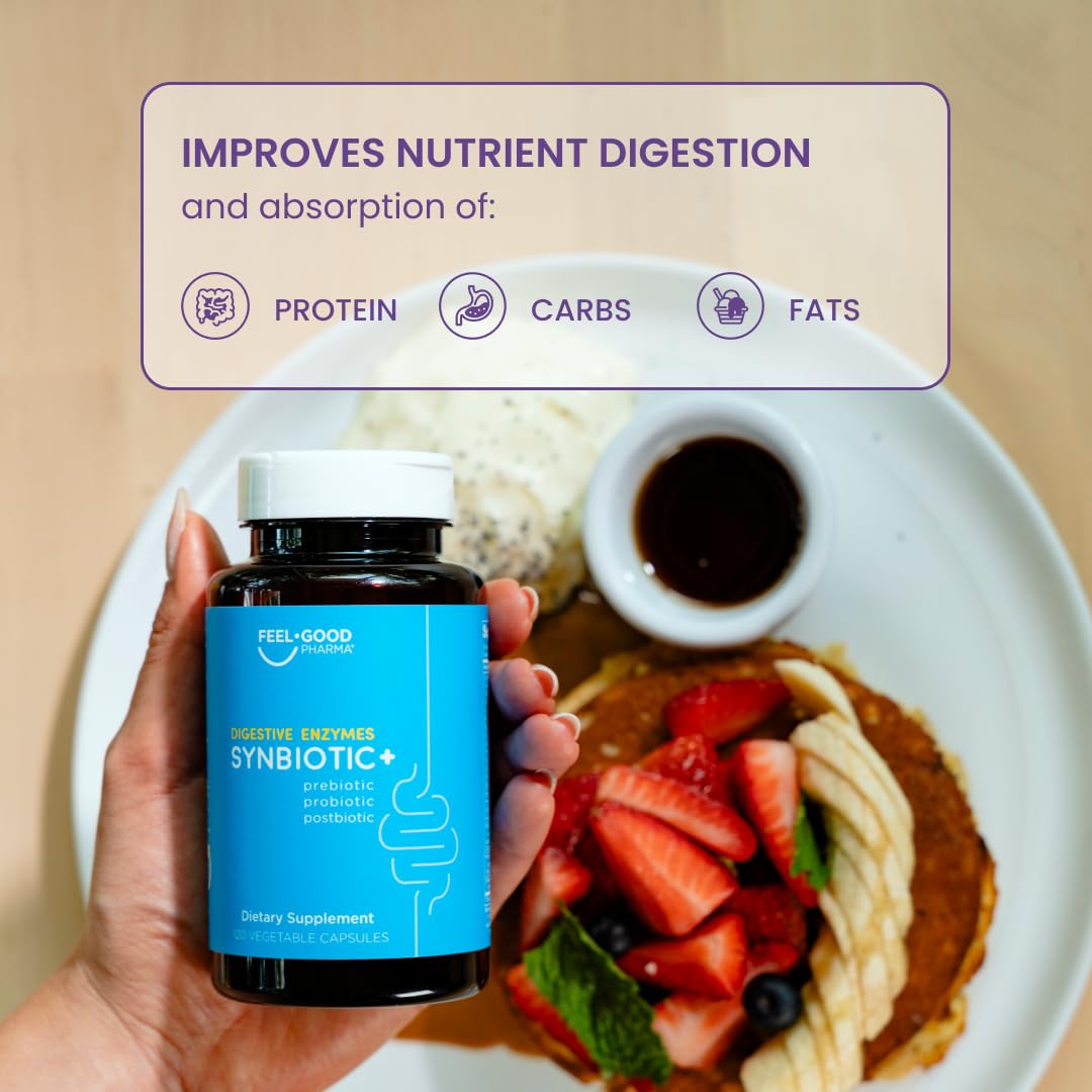 Feel Good Digestive Enzymes 4-in-1 Synbiotic+ – with Prebiotics, Probiotics & Postbiotics – Gut Health, Digestion & Bloating Relief