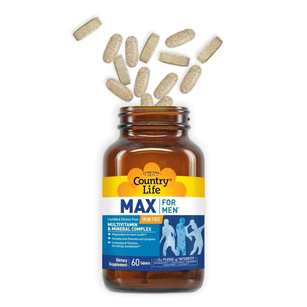 Country Life Max for Men, Multivitamin & Mineral complex, Iron-Free, Vegetarian Tablets, 60 Count, Certified Gluten Free, Certified Vegetarian Country Life Au supplements