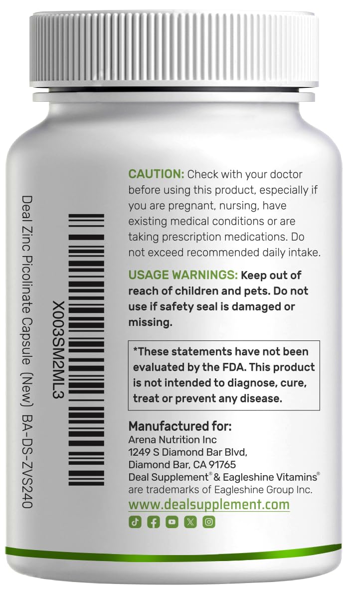Deal Supplement Zinc 50mg with Selenium + Copper, 240 Capsules, 8 Month Supply, 3 in 1 Mineral Formula, Zinc Picolinate Complex Supplement
