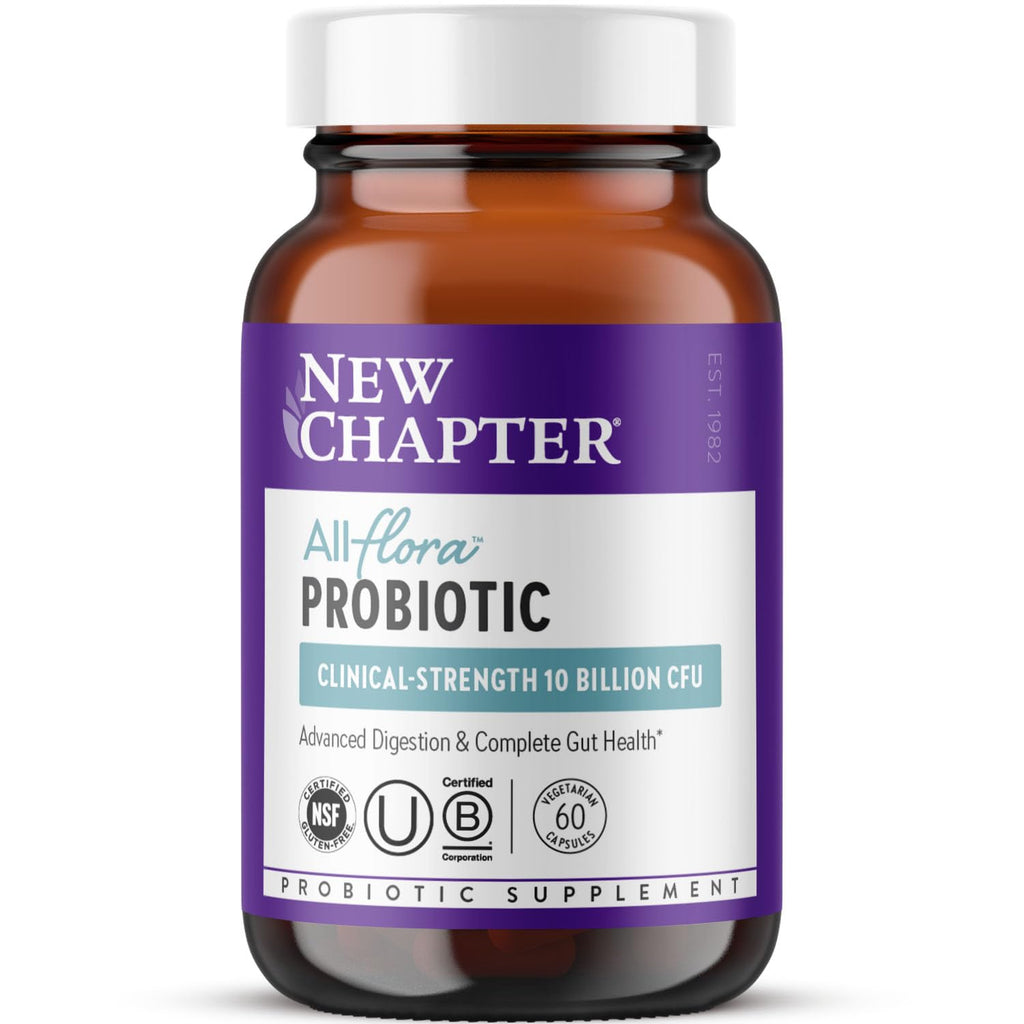New Chapter All-Flora Probiotic for Advanced Digestion & Complete Gut Health with Prebiotics + Postbiotics, Clinical-Strength Strains, 100% Vegetarian, Non-GMO, Shelf Stable - 60 ct (2 Month Supply) New Chapter Au supplements