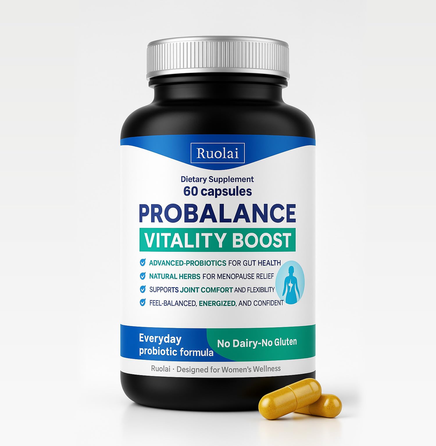 Ruolai ProBalance Probiotics for Women 68B CFU – Menopause, Bloat & Belly Support – Turmeric & Moringa
