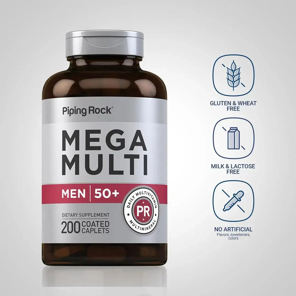 Piping Rock Multivitamin for Men Over 50+ | 200 Caplets | Mega 50 Plus Daily Multimineral | with Magnesium, Calcium, Zinc | Piping Rock Au supplements