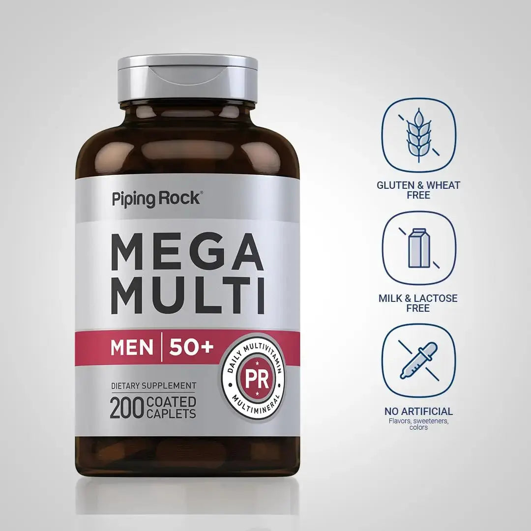 Piping Rock Multivitamin for Men Over 50+ | 200 Caplets | Mega 50 Plus Daily Multimineral | with Magnesium, Calcium, Zinc | Piping Rock Au supplements