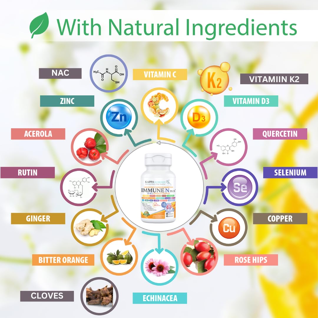 (90 Capsules), NAC 600mg, Quercetin 1,000mg, Vitamin C 500mg, Zinc 50mg, Vitamin D3 5,000iu, Selenium, Copper, Acerola, Ginger, Rutin, Citrus Bioflavonoids, Rose Hips, Echinacea, Immune N Plus 15 in 1 KAPPA NUTRITION Au supplements