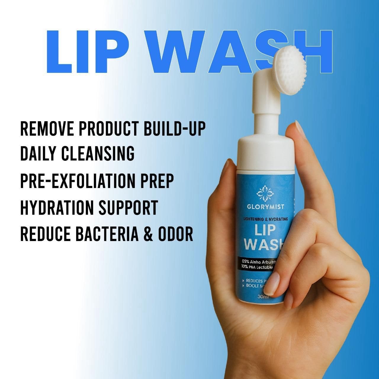GloryMist All In One Lip Wash & Silicone Brush – Hydrating, Brightening & Exfoliating foaming Cleanser for Dry