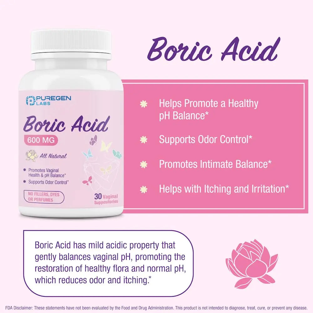 Puregen Labs Boric Acid 600 mg Vaginal Suppositories - 100% Pure | All Natural Without Dyes or Fillers P Puregen Labs Au supplements