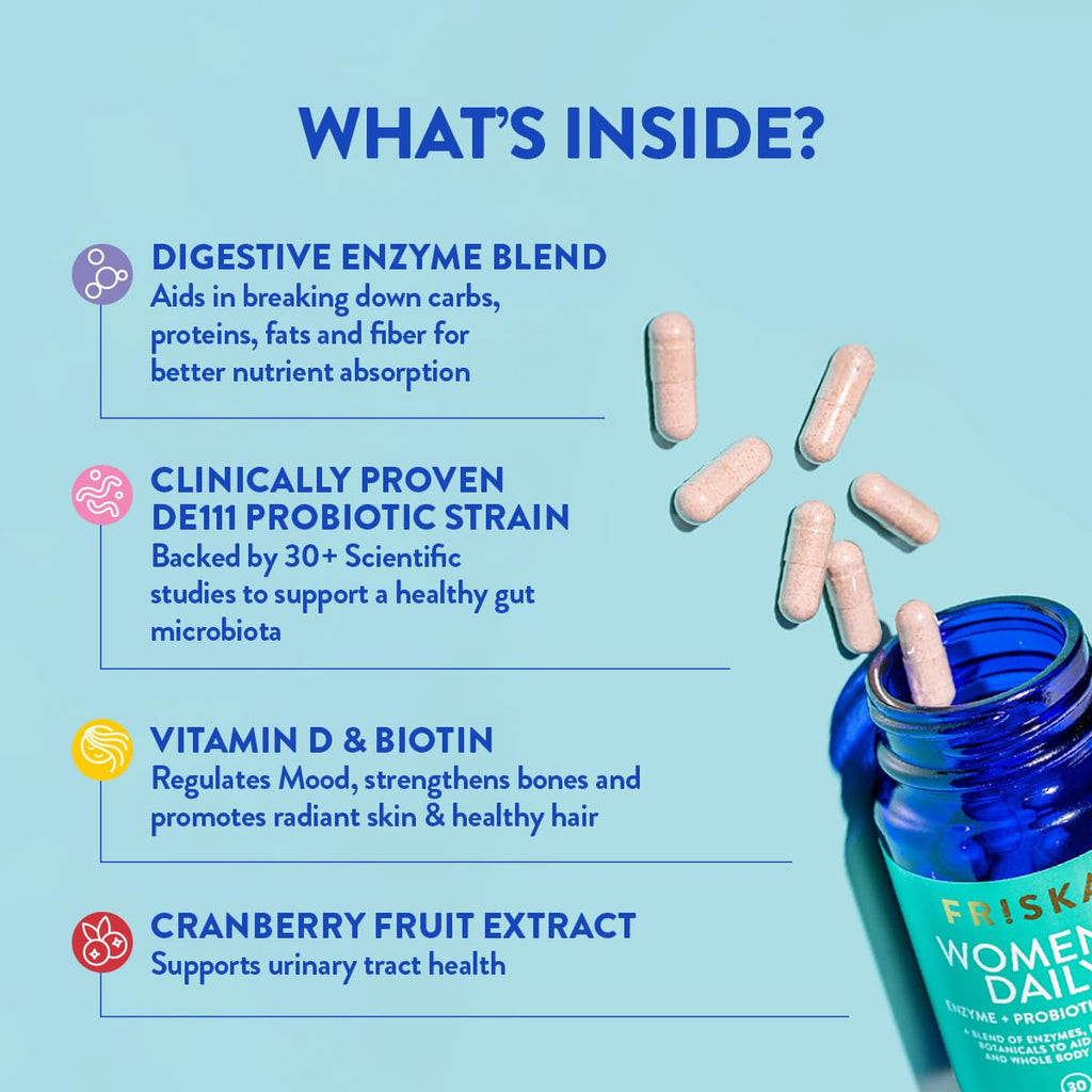 FRISKA Women’s Daily Digestive Enzyme and Probiotics Supplement, Advanced Natural Support for Female Digestive Health, Fights Bloating, Eases Digestion, Supports Nutrient Absorption, 30 Capsules FR!SKA Au supplements