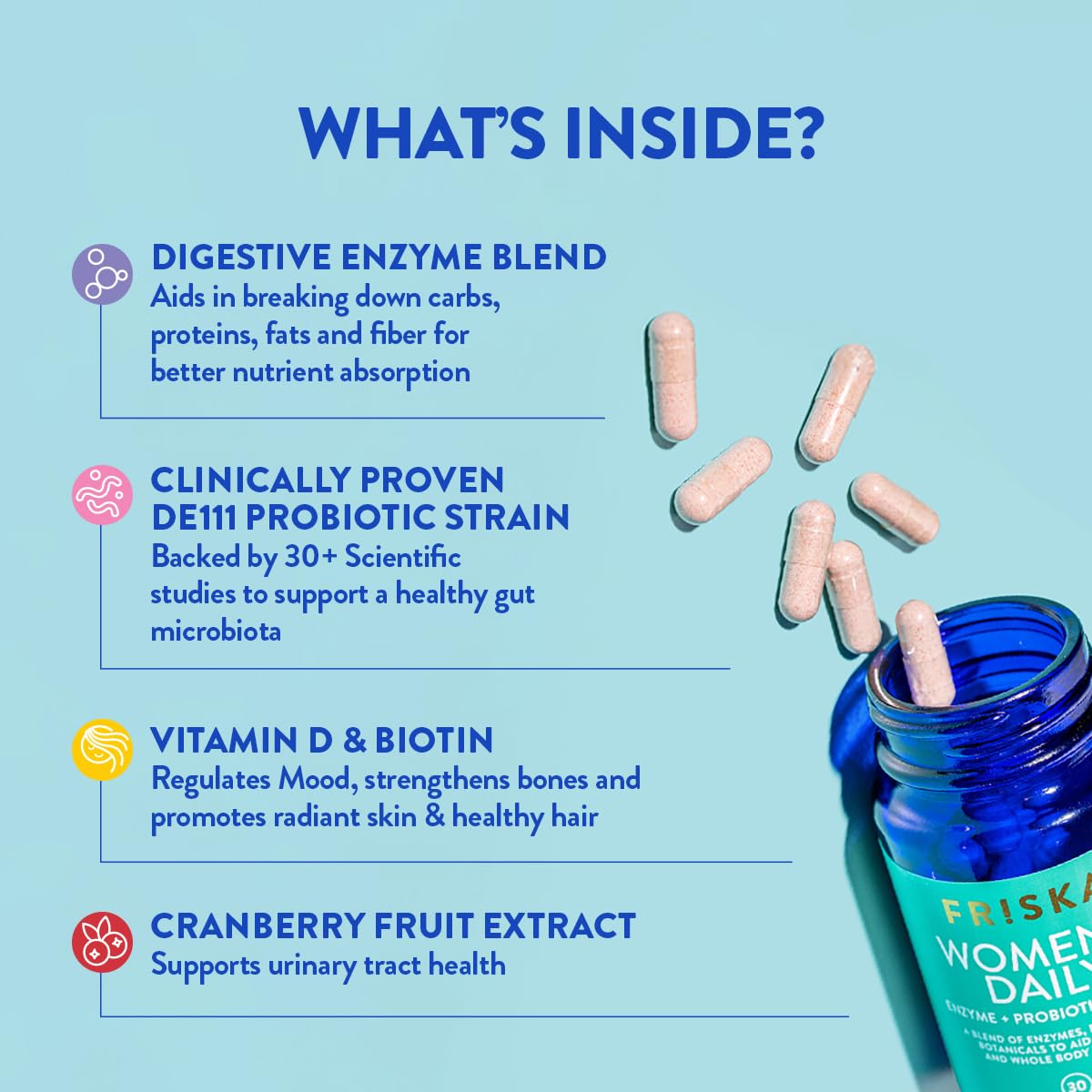 FRISKA Women’s Daily Digestive Enzyme and Probiotics Supplement, Advanced Natural Support for Female Digestive Health, Fights Bloating, Eases Digestion, Supports Nutrient Absorption, 30 Capsules FR!SKA Au supplements