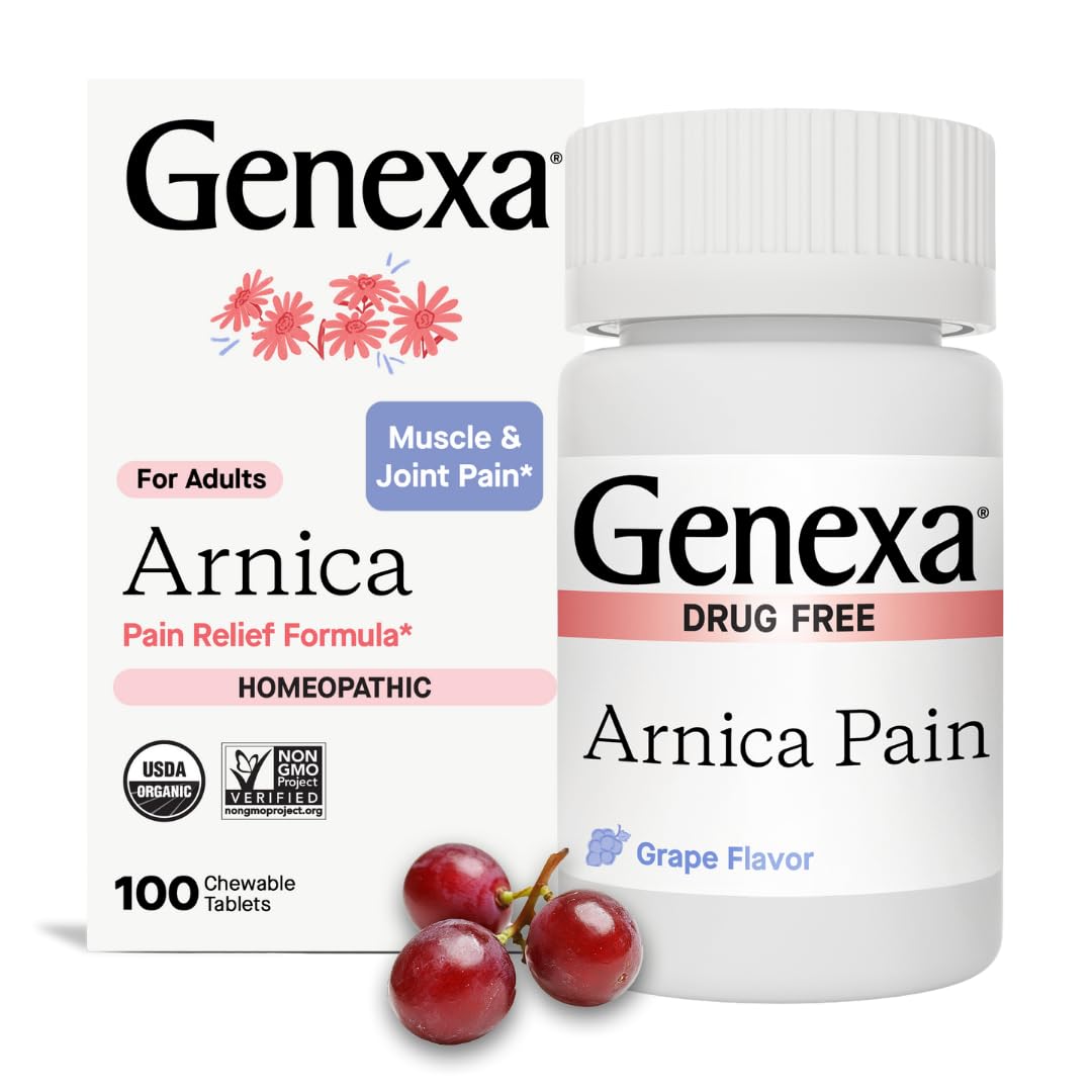 Genexa Arnica for Pain Relief | Alleviate Muscle & Joint Pain, Soreness & Stiffness | Reduces Bruises & Swelling | Organic Grape Flavor | Homeopathic Remedy Made Clean | 100 Chewable Tablets Genexa Au supplements