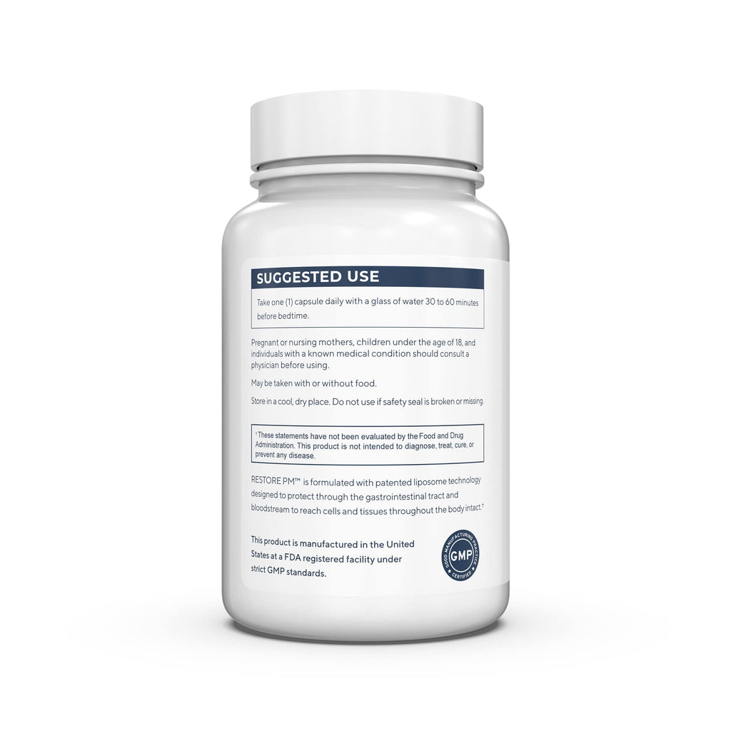 Renue By Science Restore PM | Liposomal Melatonin GABA Supplements | 60 Capsules with Melatonin (3.5mg) 5HTP (100mg) Glutathione (65mg) Apigenin (75mg) GABA (150mg) - Non-GMO | Made in The USA Renue By Science Au supplements