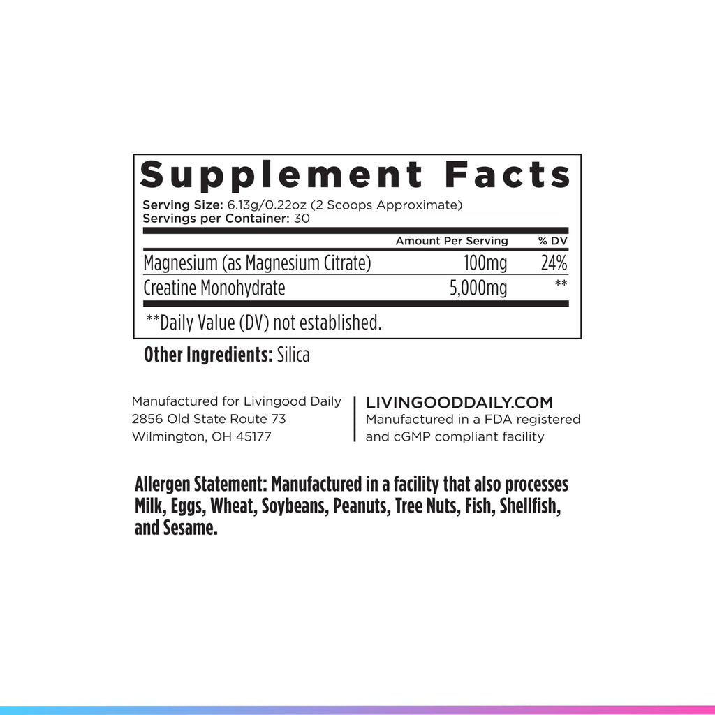 Livingood Daily Creatine + Magnesium Powder, Unflavored | 5g Micronized Creatine Monohydrate with Magnesium for Energy, Muscle Recovery & Performance | 30 Servings Livingood Daily Au supplements