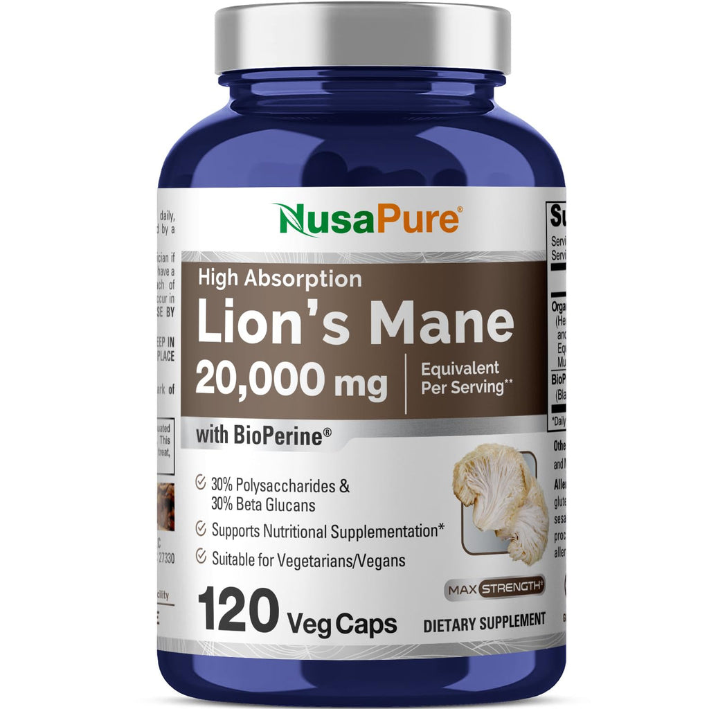 NusaPure Lions Mane 20:1 Extract (20,000 mg Equivalent) - Made with Organic Lion`s Mane, Bioperine - 30% Polysaccharides - 120 Veggie Caps. Non-GMO, Gluten Free NusaPure Au supplements