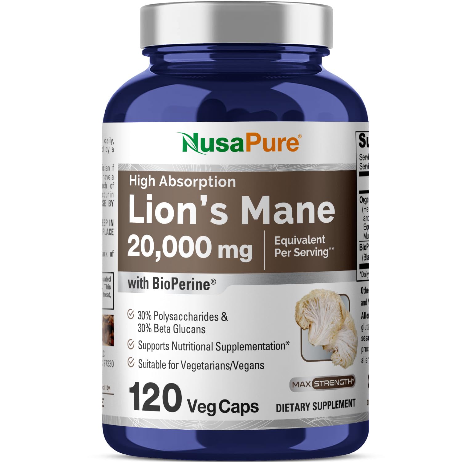 NusaPure Lions Mane 20:1 Extract (20,000 mg Equivalent) - Made with Organic Lion`s Mane, Bioperine - 30% Polysaccharides - 120 Veggie Caps. Non-GMO, Gluten Free NusaPure Au supplements