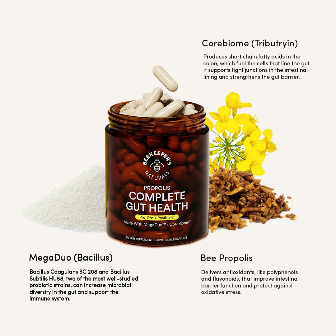 Complete Gut Health by Beekeeper's Naturals, 3-in-1 Prebiotic, Postbiotic, Probiotics for Digestive Health & Bloating Relief for Women & Men
