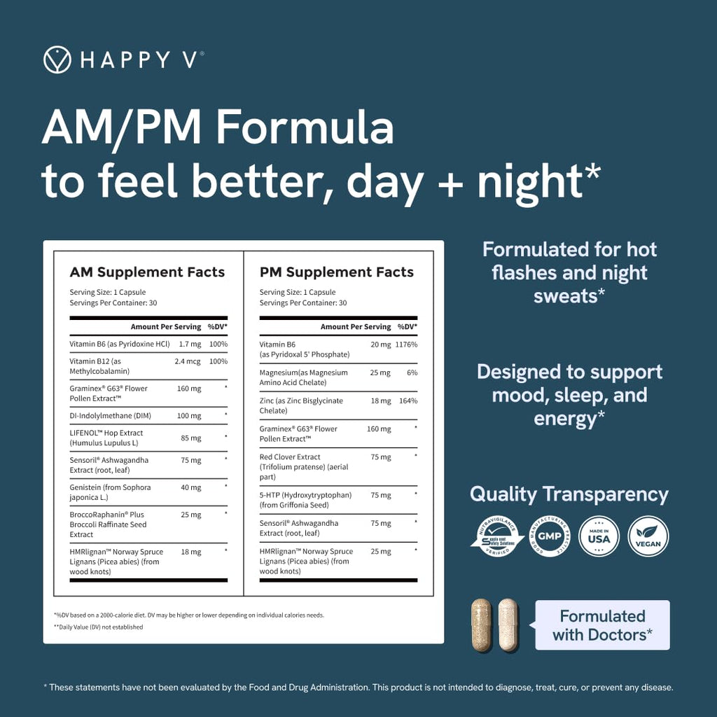 Happy V Menopause Relief Supplement for Women – Hormone Balance, Hot Flash & Night Sweat Support, Mood & Energy Booster, Vaginal Wellness, Perimenopause & Postmenopause Support – 60 Vegan Capsules Happy V Au supplements