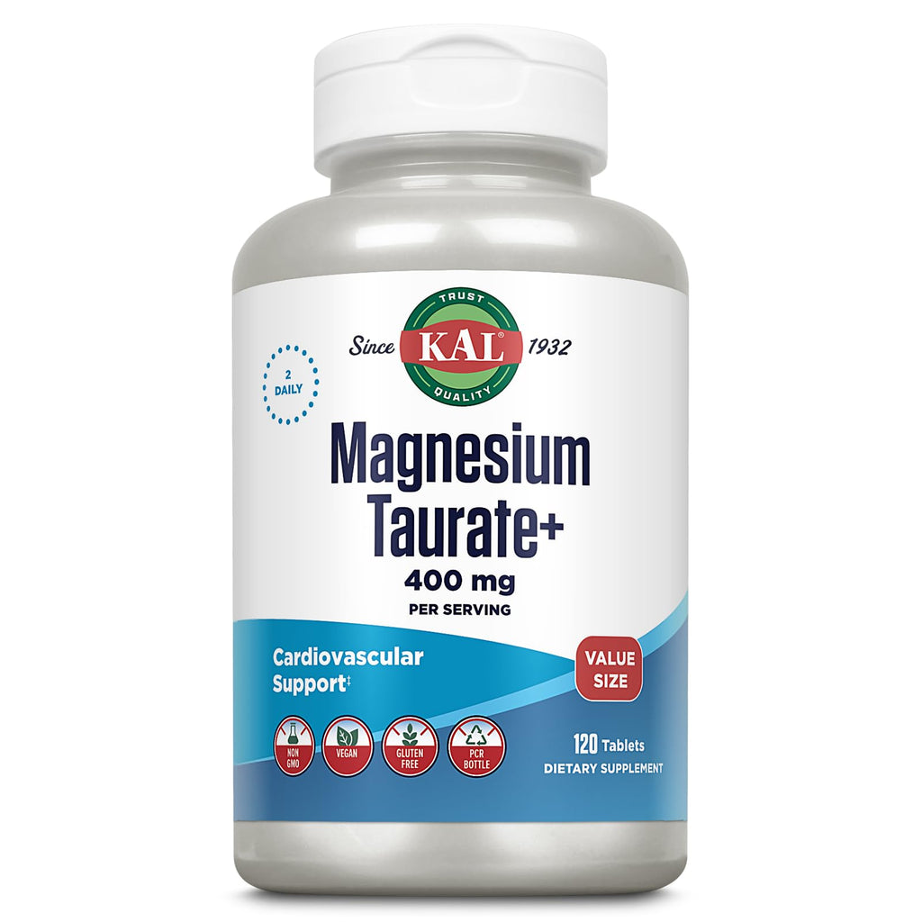 KAL Magnesium Taurate 400mg Plus Vitamin B6, Chelated Magnesium Supplement, High Absorption Magnesium Complex, Muscle and Heart Health Support, Vegan, Gluten Free,