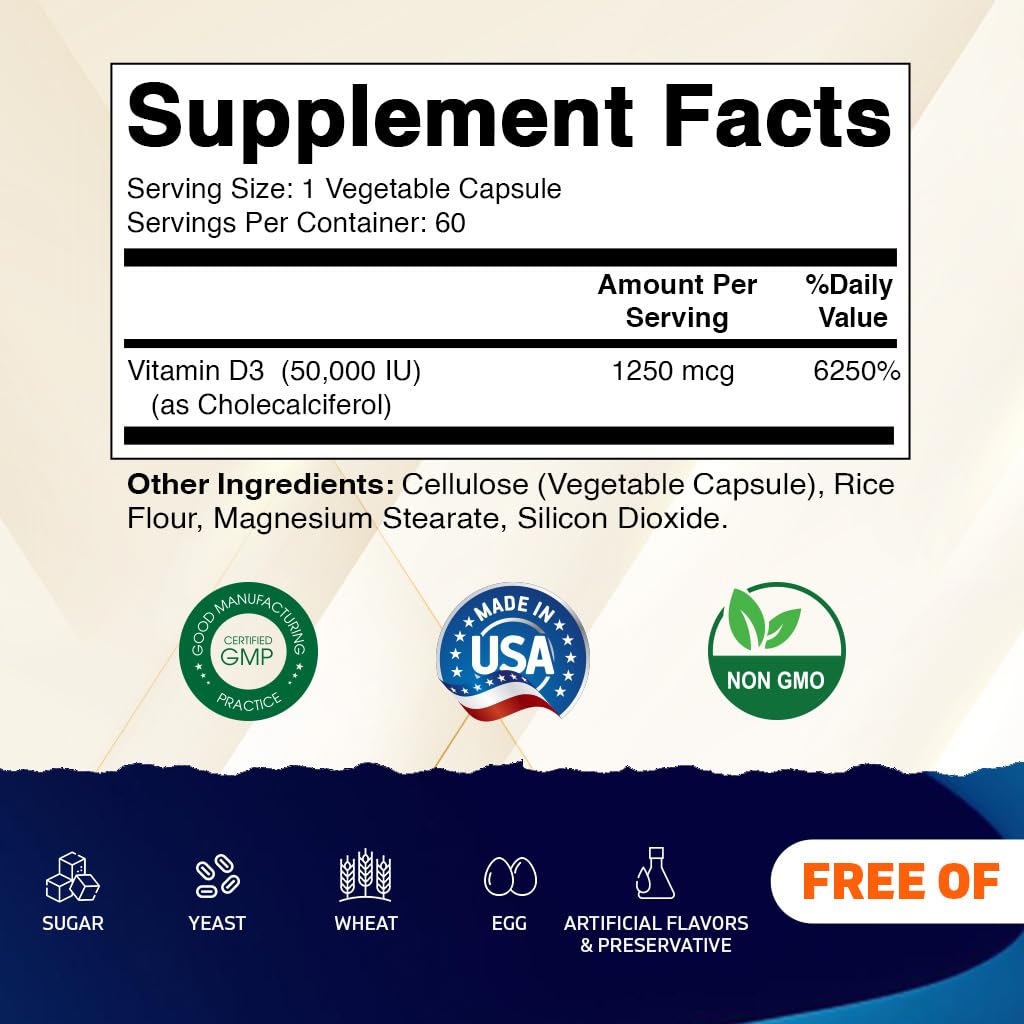 Vitamatic Vitamin D3 50,000 IU (as Cholecalciferol), Once Weekly Dose, 1250 mcg, 60 Veggie Capsules 1 Year Supply, Progressive Formula Helping