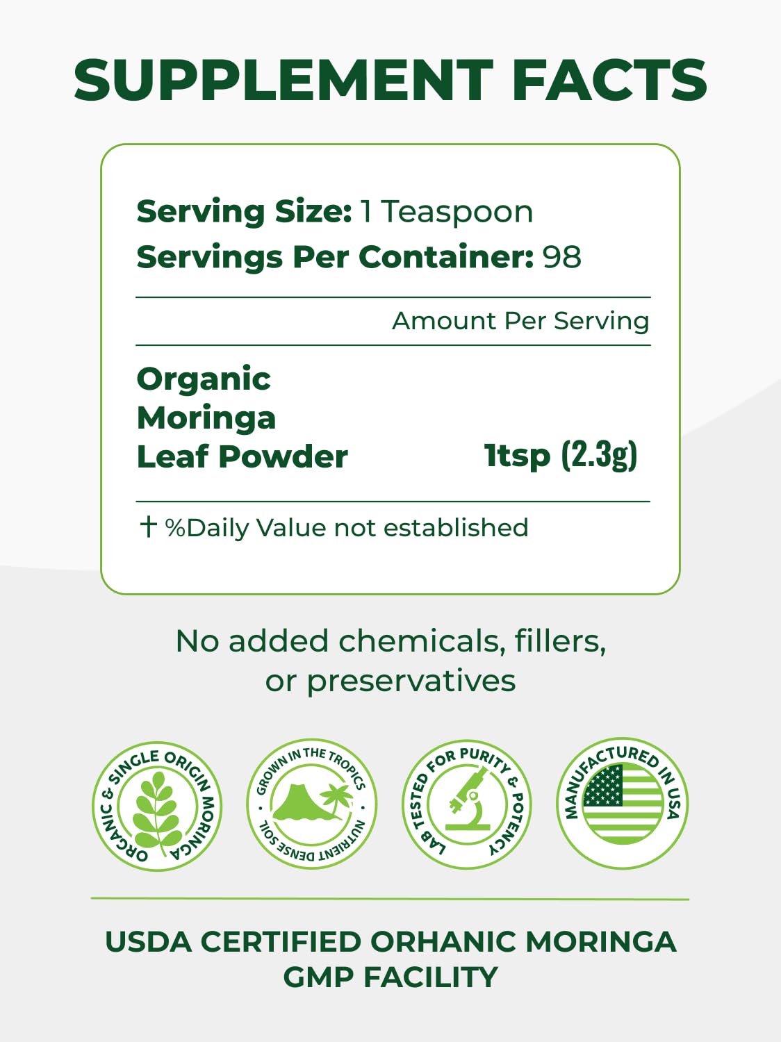 PURA VIDA MORINGA Organic Moringa Powder, Premium 100% Leaf Powder Single Origin - USDA Organic Moringa Oleifera Leaf