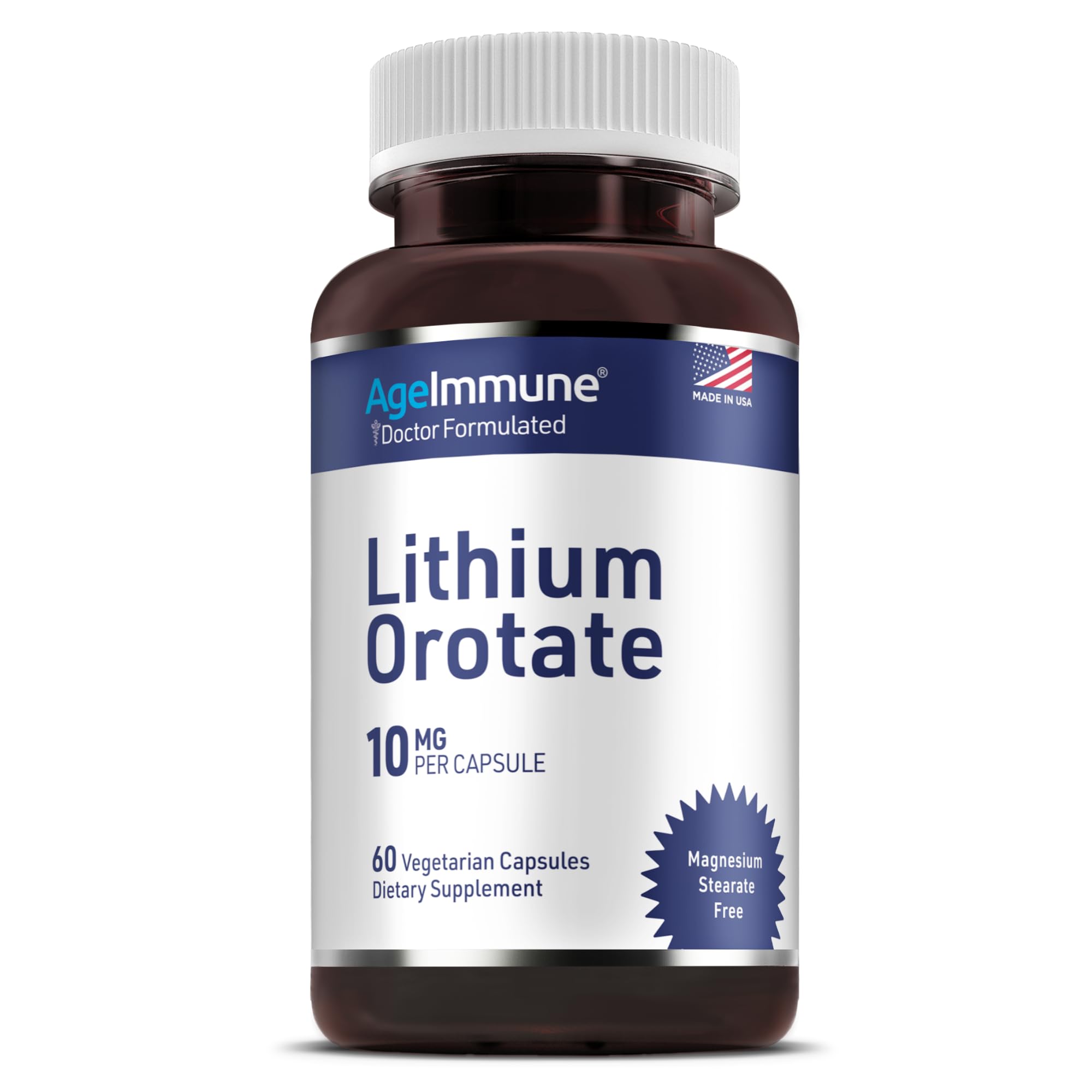 Lithium Orotate 10mg per Capsule - 60 Vegetarian Capsules. Memory and Emotional Wellness Support - Magnesium Stearate Free
