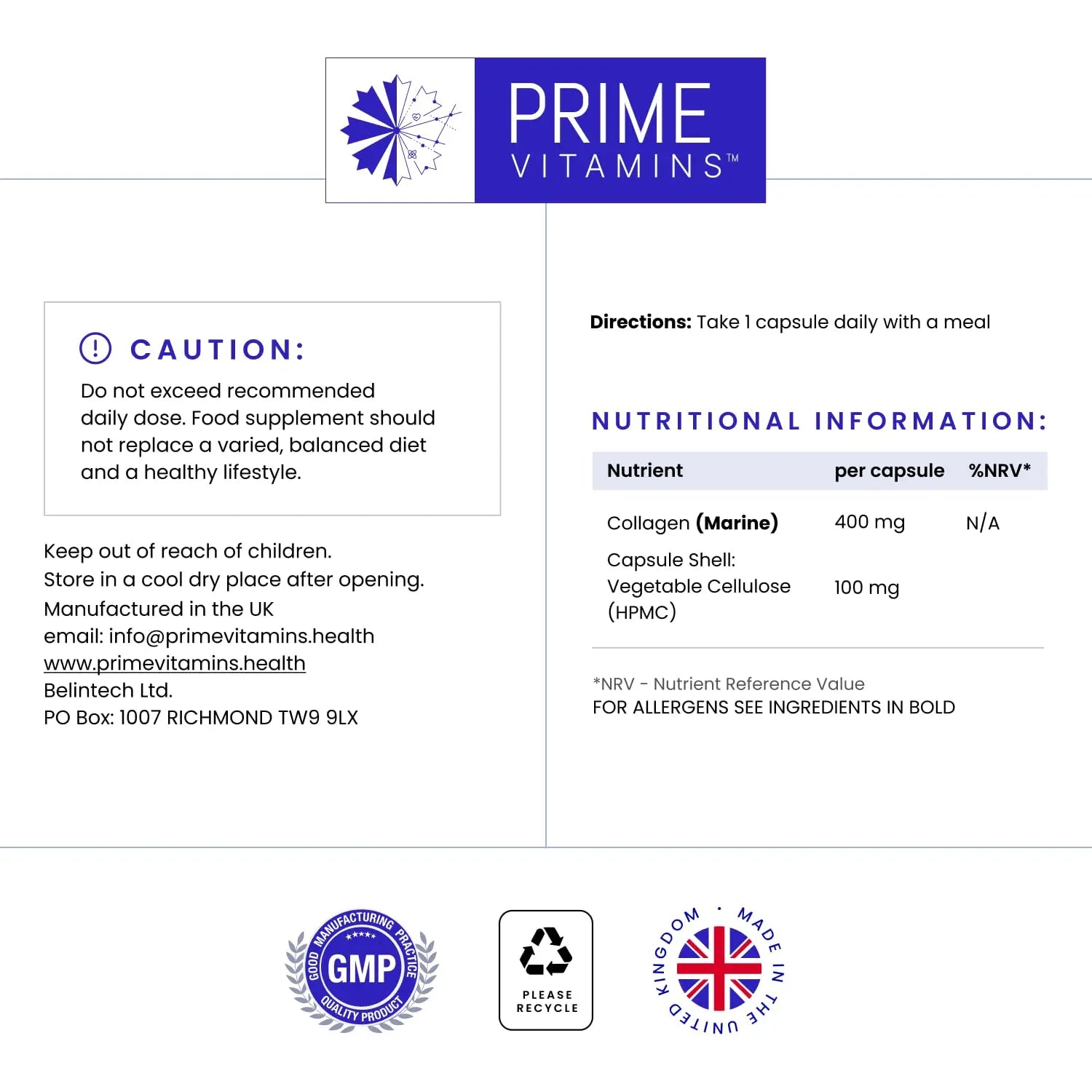 Marine Collagen 400mg | Hydrolysed Collagen Supplements for Women & Men PRIME VITAMINS Au supplements