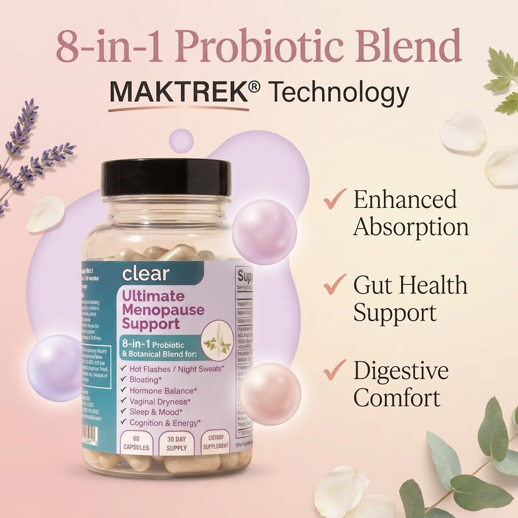 Clear Menopause Support for Women | 25-in-1 Formula with Black Cohosh, Dong Quai, Pre & Probiotics | Hot Flashes, Night Sweats, Mood, Sleep & Digestion | Hormone-Free | Made in USA | 60 Capsules Clear Probiotics Au supplements