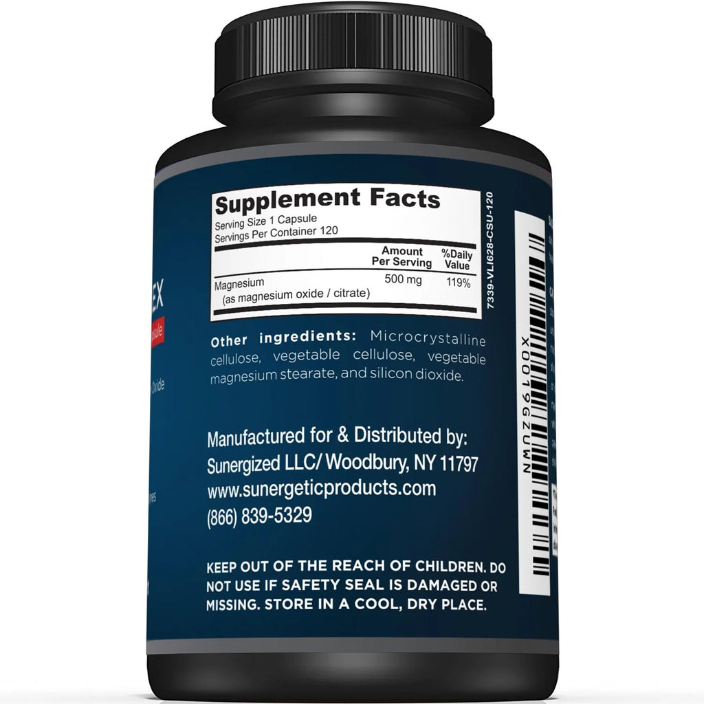 Premium Magnesium Citrate Capsules – Powerful 500mg Magnesium Oxide & Citrate Supplement – Helps Support Healthy Bones, Muscles, Teeth, Energy & Relaxation – 120 Vegetable Capsules Sunergetic Au supplements