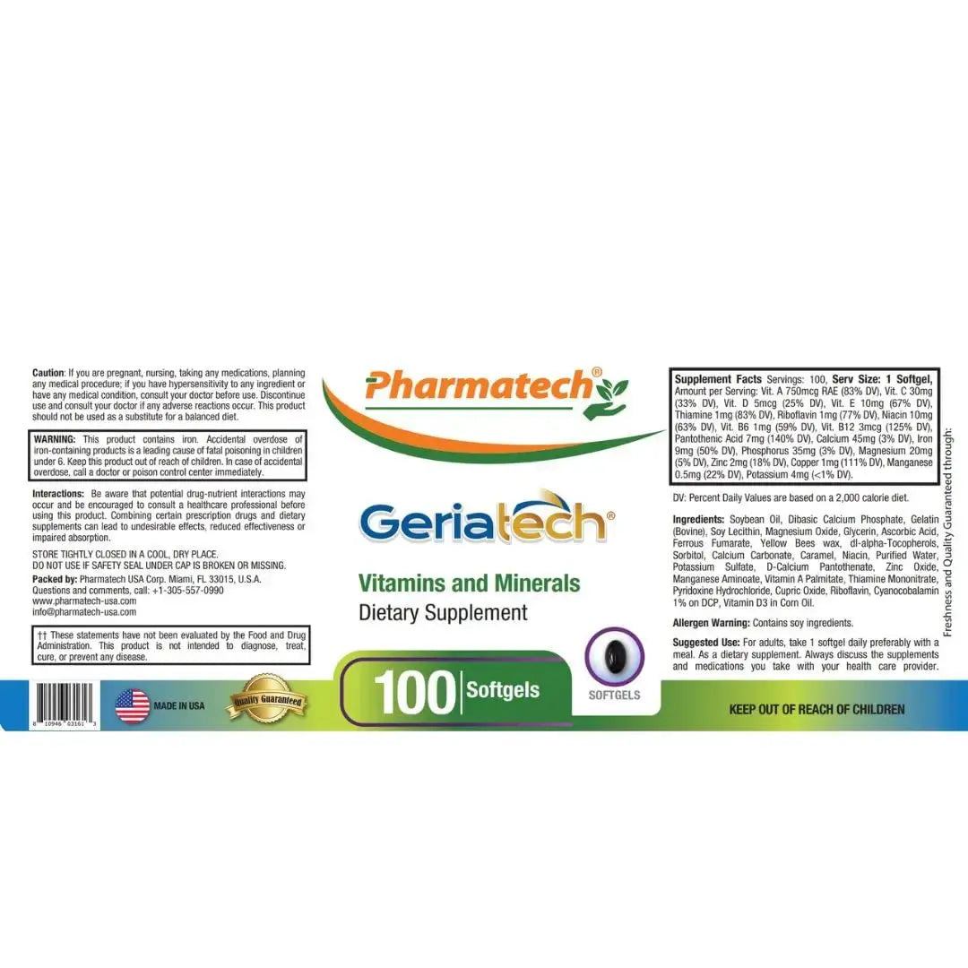 Geriatech Senior multivitamins, Vitamins and Minerals Supplement, Women and Men Over 60, with Vitamin B12, Easy to Swallow Geriatech Au supplements