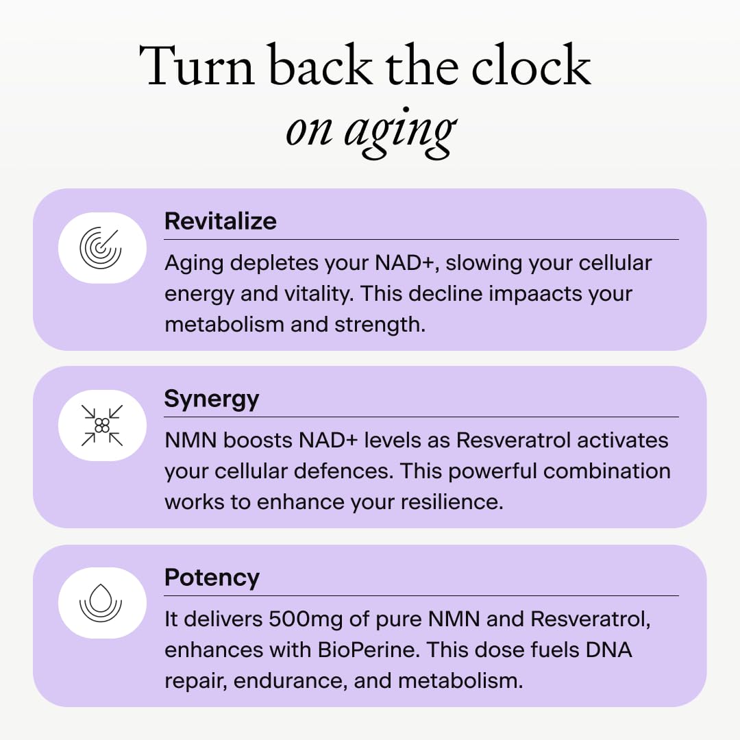 OMRE NMN + Resveratrol Supplement 99% Purity for Cellular Energy, NAD+ Boost | Highly Bioavailable Nicotinamide Mononucleotide Supplement Resveratrol 500mg & NMN 500mg, Made in USA, 60 Capsules OMRE Au supplements