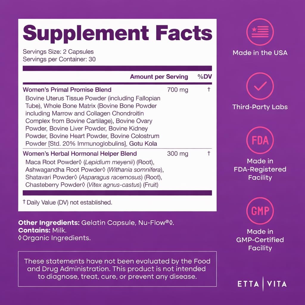 Primal Beef Organ Supplement for Women (Made in USA) Boosted w Shatavari, Maca, Ashwagandha, and Chasteberry - Grass Fed Uterus, Ovary, Liver, Kidney, Heart Bone Matrix