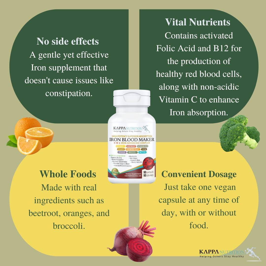 KAPPA NUTRITION Iron 26mg, Vitamin C & Orange 150mg, Folate 667mcg DFE, Vitamin B12, Beetroot, Brewers Yeast, Broccoli & MCT Oil 9 in 1 Advanced Complex (90 Capsules) KAPPA NUTRITION Au supplements