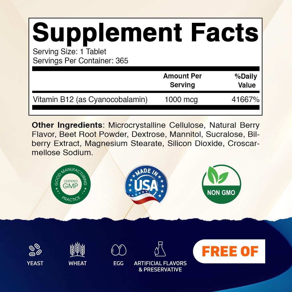 Vitamatic Vitamin B12 1000 mcg Fast Dissolve – 365 Tablets – Natural Berry Flavor – Supports Energy Metabolism