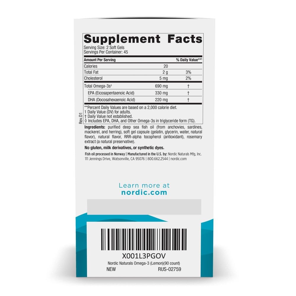 Nordic Naturals Omega-3, Lemon Flavor - 90 Soft Gels - 690 mg Omega-3 - Fish Oil - EPA & DHA - Immune Support, Brain & Heart Health, Optimal Wellness - Non-GMO - 45 Servings Nordic Naturals Au supplements