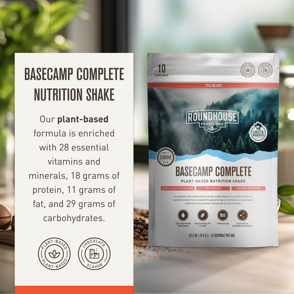 Basecamp Complete Nutrition Shake by Chuck Norris Roundhouse Provisions – Plant-Based Emergency Meal with 18g Protein & 28 Essential Nutrients – Rich Chocolate Flavor – 10 Servings, 3-Year Shelf Life ROUNDHOUSE PROVISION Au supplements