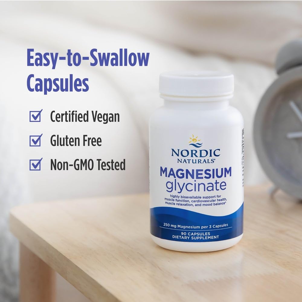 Nordic Naturals Vegetarian Magnesium Glycinate Capsules, Unflavored, 90 Count - 250mg Magnesium per Serving - Highly Bioavailable Support for Muscle & Cardiovascular