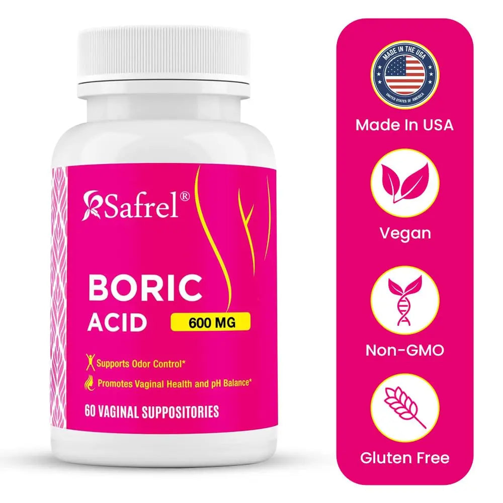 Safrel Boric Acid Vaginal Suppositories - 60 Count (1-Pack) – 100% Pure USA-Made, Supports Intimate Safrel Au supplements