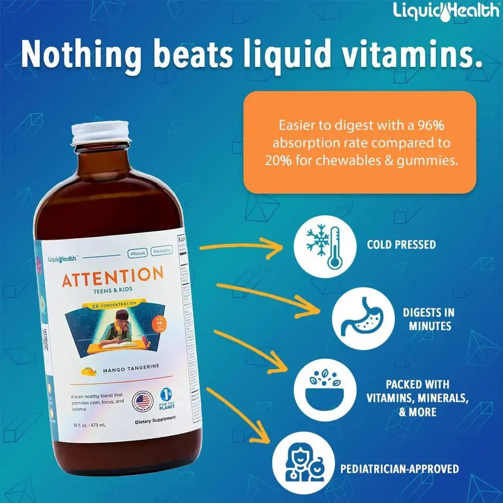 LIQUIDHEALTH Attention, Liquid Multivitamin for Kids & Teens - Improves Memory Retention, Concentration, Focus, Mood, Relaxation & Calming LIQUIDHEALTH Au supplements
