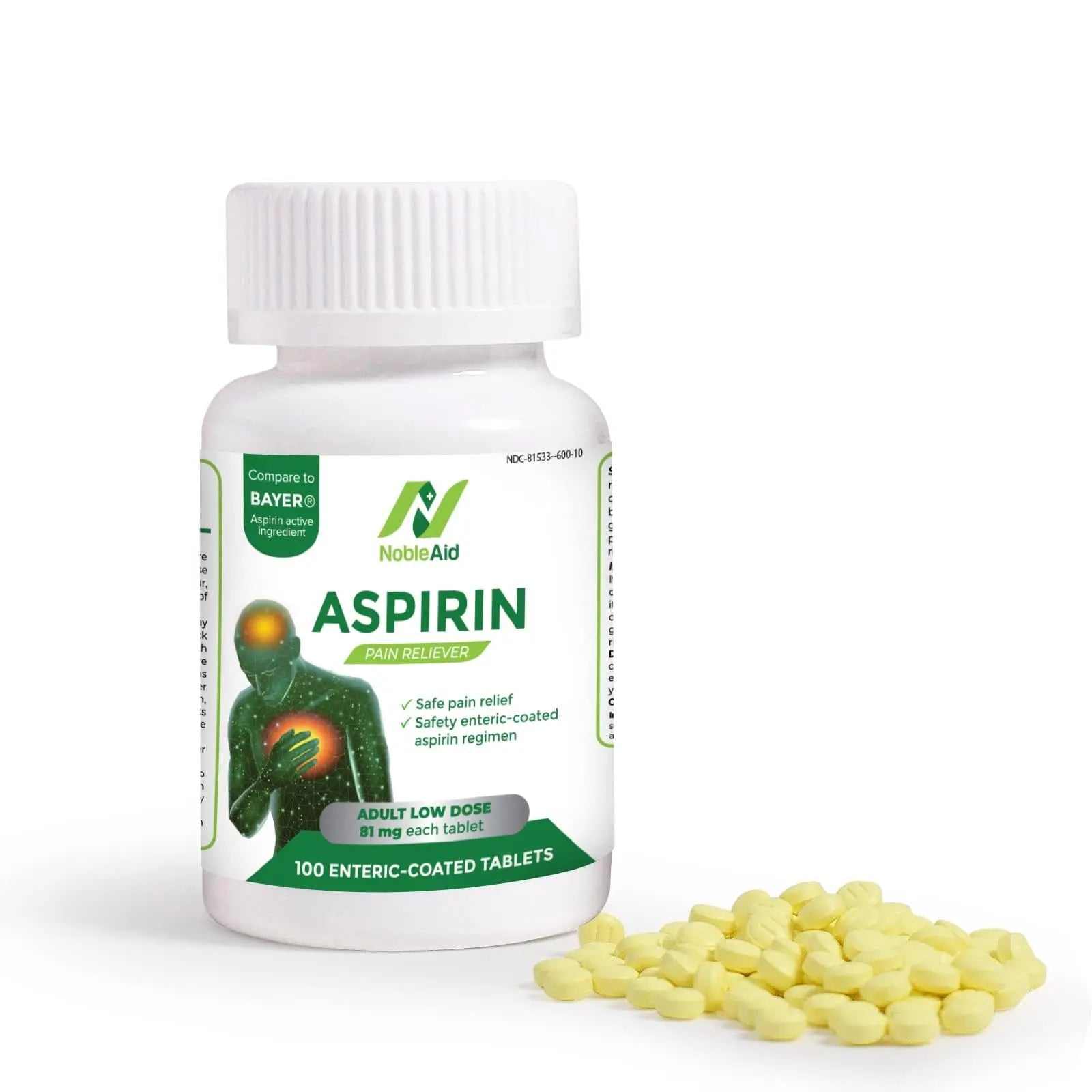 Pure Low Dose Baby Aspirin 81mg for Adults, 100 Count Enteric Coated Aspirin Tablets for Men and Women, Safe Relief for Symtoms Associated with Headache, Arthritis, Cramps NobleAid Au supplements