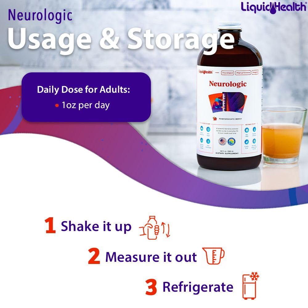 LIQUIDHEALTH Neurologic Focus Supplement - Brain Booster Nootropic Supplement for Cognitive Function, Memory & Focus with Ginkgo Biloba, Choline, L-Theanine & Phosphatidylserine - USA Made (32 oz) LIQUIDHEALTH Au supplements